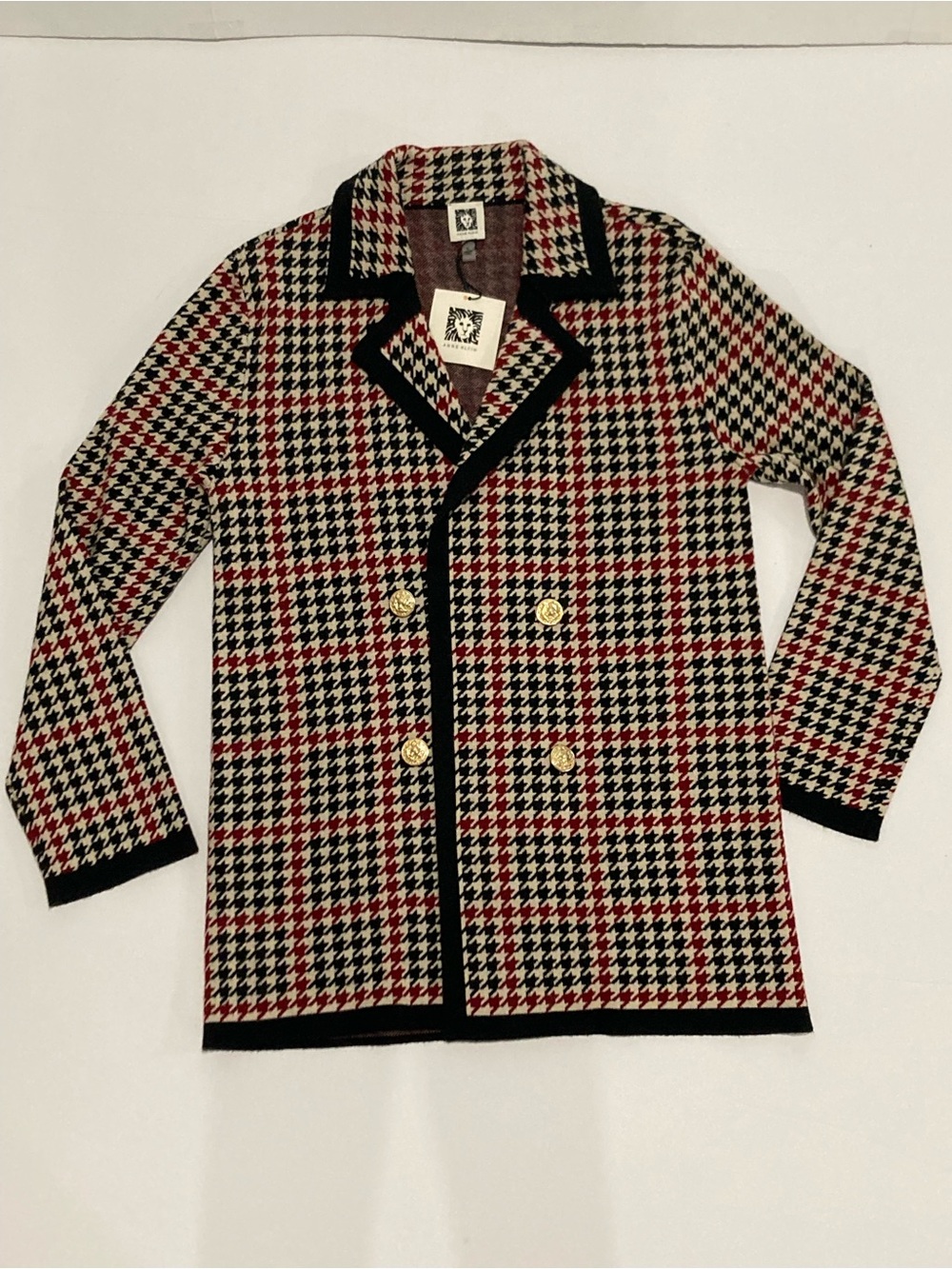 NWT Anne Klein Titan Red Black Houndstooth Open Front Gold Button Knit Blazer - Picture 13 of 16